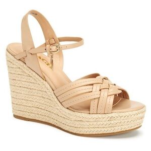 Coach Beige Leather Ankle Strap Platform Espadrille Wedges